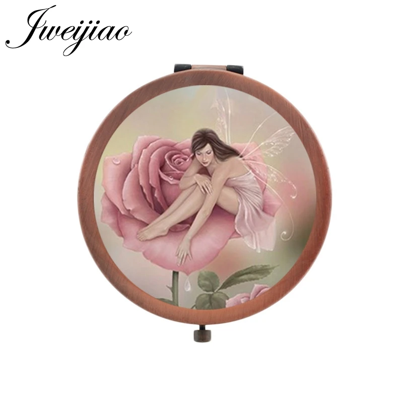 

JWEIJIAO Cartoon fairy and beautiful flowers espejo de maquillaje young girls picutre in glass cabochon make up mirror FQ381