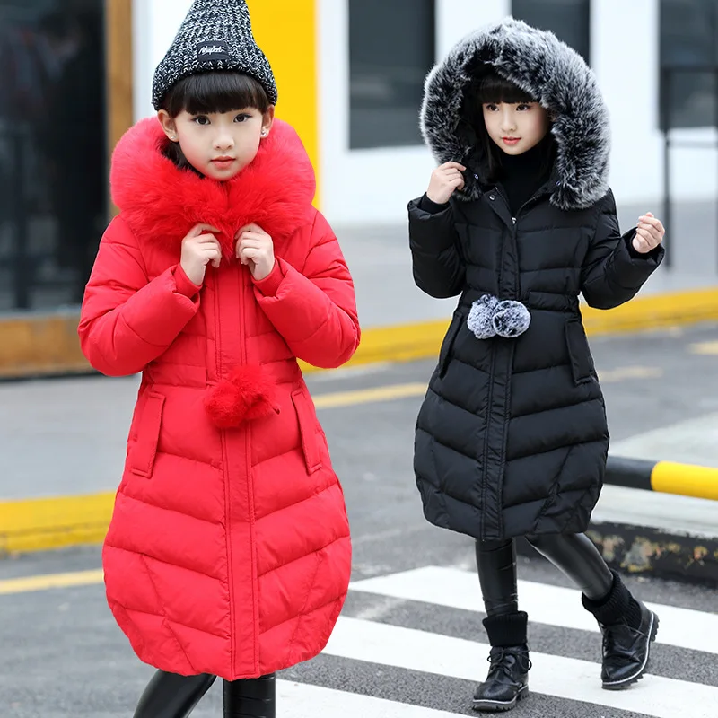 

fur hooded girls jackets parkas 2018 thick red black x-long cotton padded girl jackets girls outerwear coats warm children
