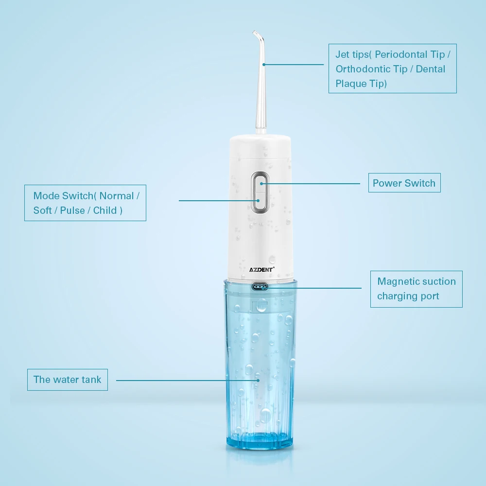 AZDENT AZ-008, дорожный ирригатор для полости рта, зубная нить, USB Перезаряжаемый, складной, водонепроницаемый, 4 режима, струя воды, Флоссер, 210 мл, подарок, 5 насадок