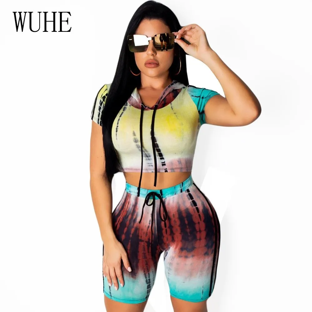 

WUHE Summer Two Pieces Sets Jumpsuits Women Overalls Bodysuits Print Casual Hooded Short Sleeve Top and Short Pants Set Playsuit