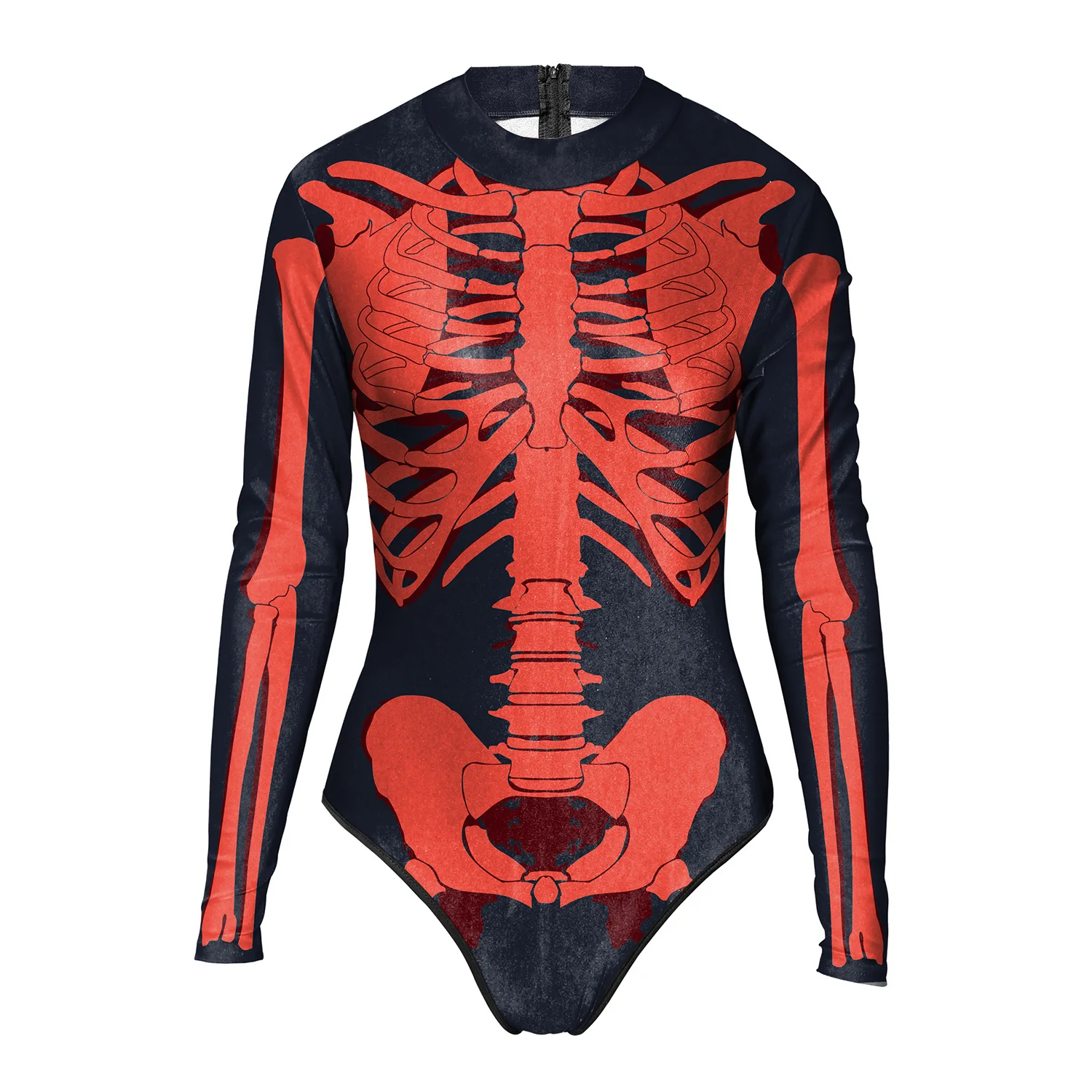 Terror Halloween Costume Red Skeleton Print Bodysuit For Women Horror Bone Long Sleeves Top Spandex Scary Party Club Lady Girls