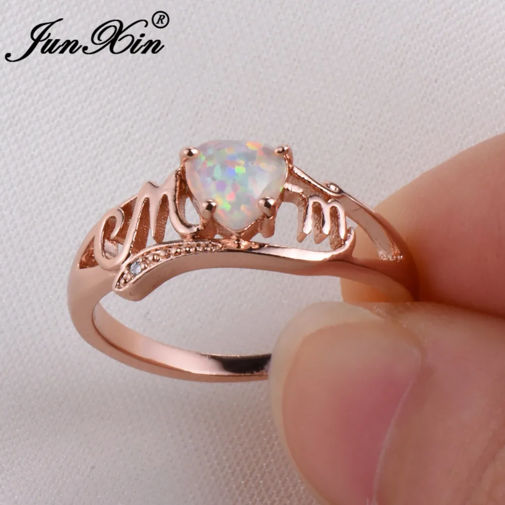 JUNXIN Unique MOM Letter Ring Elegant Heart White Fire Opal Jewelry Vintage Rose Gold Filled Rings For Women Mothers Day Gift