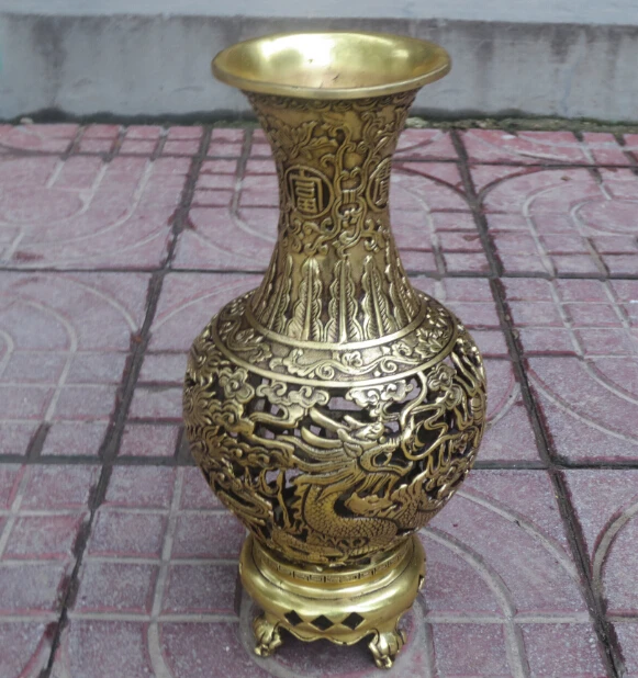 

Home Decor Metal Crafts 10inch high vases chinese brass carved hollow out Dragon and Phoenix Big vase fast shipping