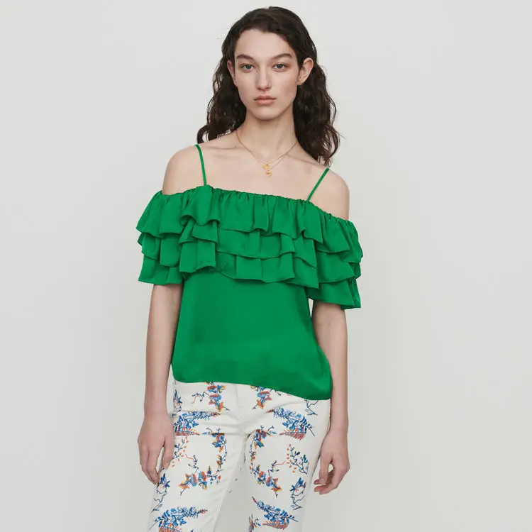 

France style elegant ruffles Shirts Top 2019 summer women sweet green off-shoulder Shirts A308