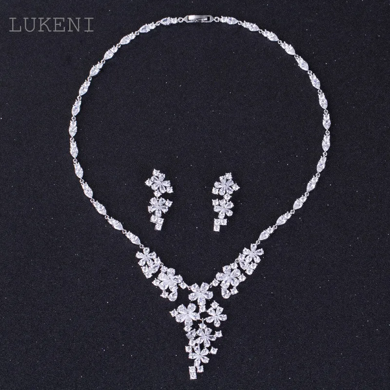 Lukeni новый дизайн Романтический белый Цвет кубический циркониевый Геометрический Цветочный Кристалл ожерелья Серьги Свадебные Ювелирные н... Lukeni новый дизайн Романтический белый Цвет кубический циркониевый Геометрический Цветочный Кристалл ожерелья Серьги Свадебные Ювелирные н...