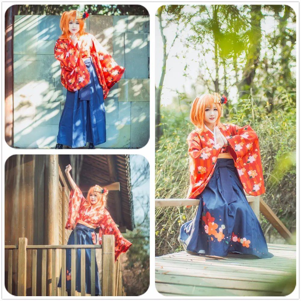

Love Live! Honoka Kousaka Taisho Orange Printed Kimono Unawakened Uniform Cosplay Costume Custom Adult Women Dress Hairpin