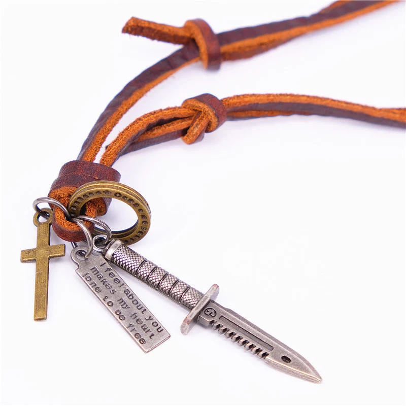 NIUYITID Fashion Sword Pendant Necklace For Men Brown 100% Genuine Leather Jewelry Adjustable Gift Brother Dropshipping (2)