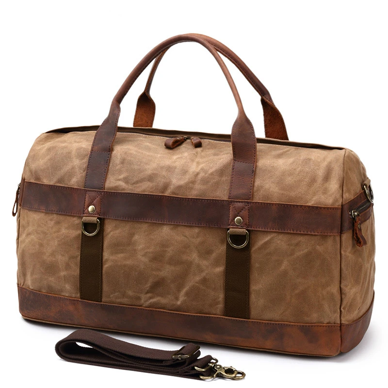  Waterproof Oil Wax Canvas with Leather Bag Men Vintage Shoulder Weekend Tote Portable Large Capacit