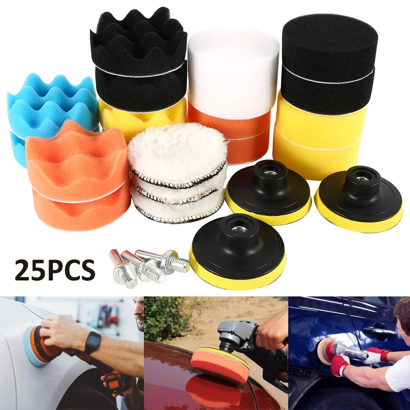 

25pcs Polishing Pads Sponge with Drill Adapter Woolen Foam Buffing Pads Woolen Waxing Pad for Polishing Machine Power Tool Set