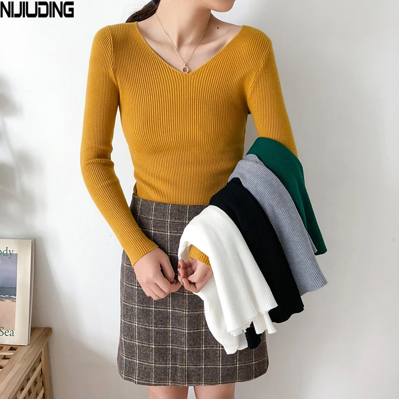 

Women Sweaters And Pullovers 2019 New Autumn Winter Clothing Casual Solid Knitted Tops Long Sleeve Women's V-Neck Basic Sweaters