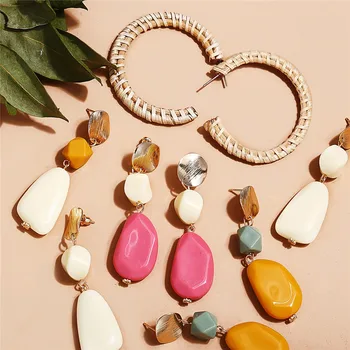 

17KM Acrylic Irregular Wooden Straw Weave Rattan Drop Earrings For Women Geometric Long Earrings New Fashion Korea Jewelry