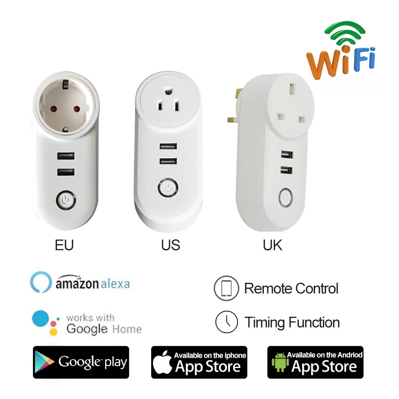 

WIFI Smart Socket Plug EU UK US Plug Remote Control Timing Switch 2 USB Outlet Work For Amazon Alexa/Google Assistant Home
