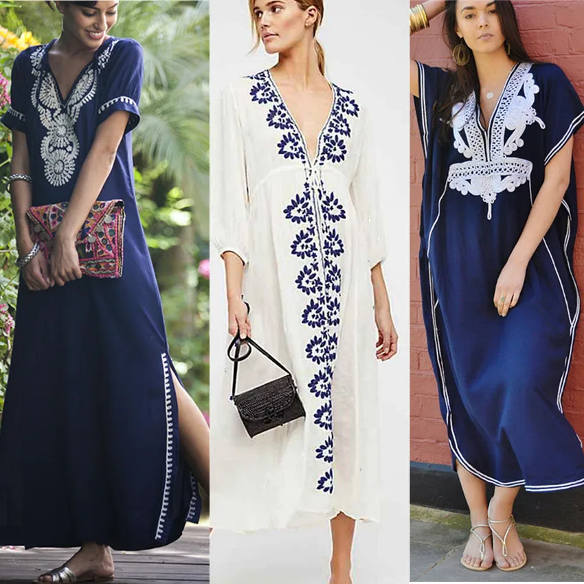 

2019 Embroidery Cotton Long Beach Dress Cover up Saida de Praia Swimsuit Women Bikini Tunics Beach Pareo Sarong Beachwear