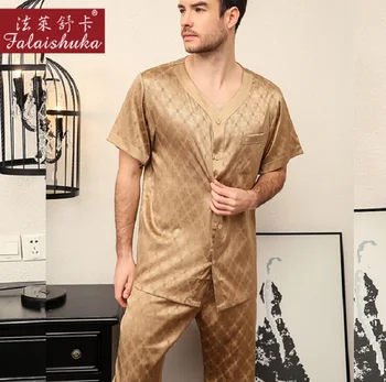 

Silk Stain Pajamas Set Summer Plus Size 2019 short sleeve men silk shorts pajama sets two piece sets home sleep wear clothing