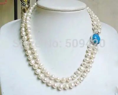 

FREE SHIPPING>>@> HOT white freshwater pearl 2 strands baroque beads necklace turquoise clasp