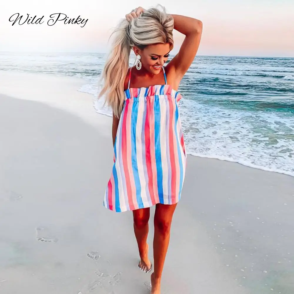 

WildPinky Sleeveless Dress 2019 Summer Boho Beach Dresses Women Casual Striped Print A-line Strap Mini Party Dress Vestidos