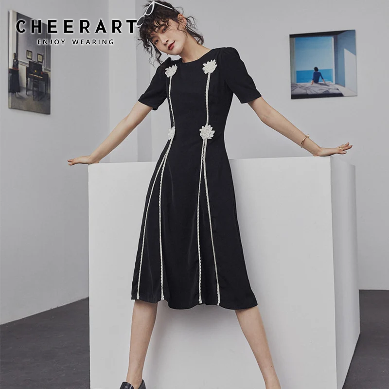 

Cheerart Summer Black Bodycon Vintage Dress Appliques Flower Knee Length Designer Dresses Women High Waist Ladies Dress