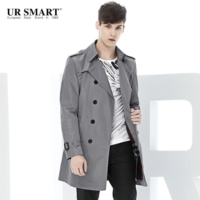 URSMART autumn trench coat male long gray double breasted men's