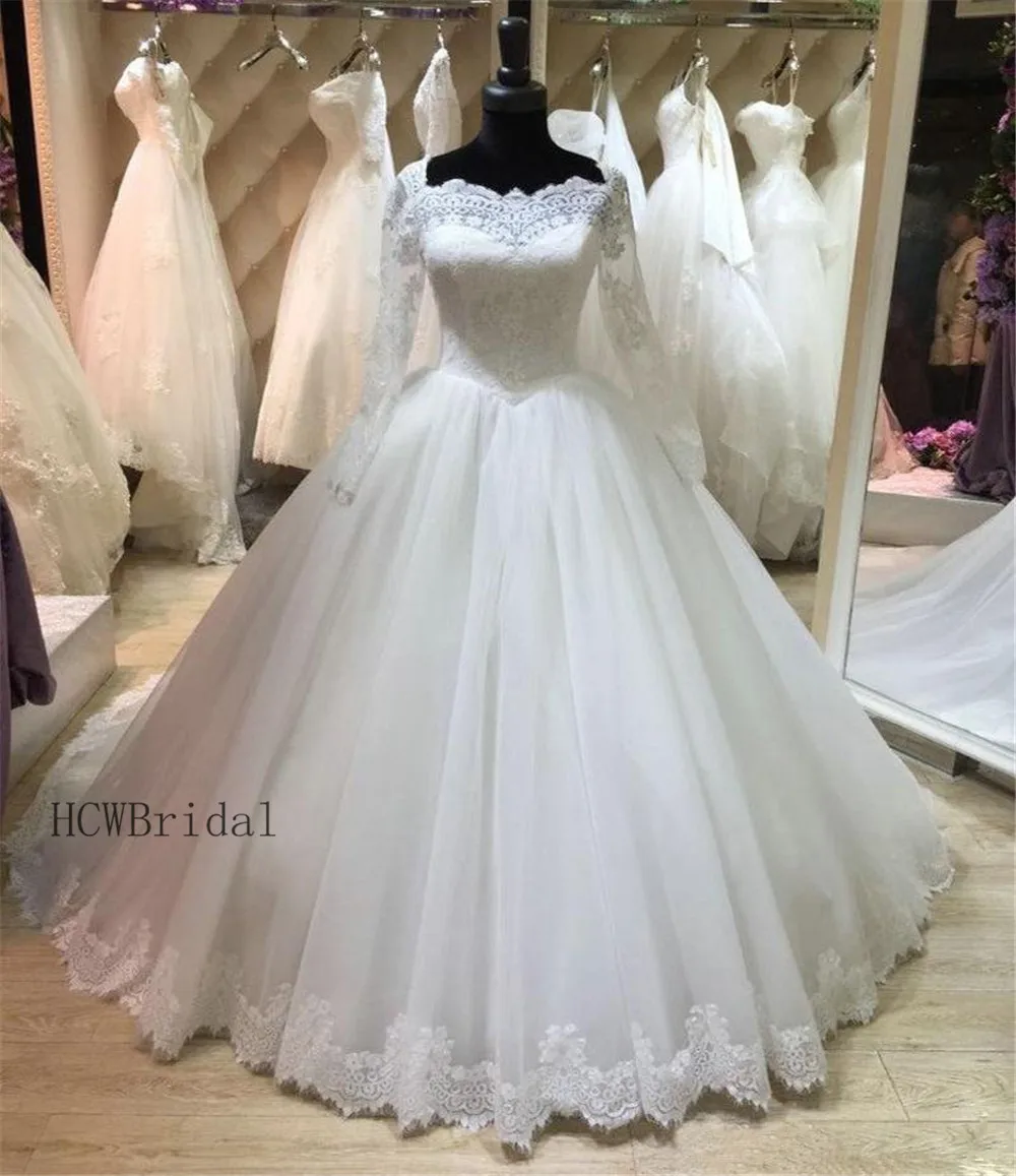 

2019 Long Sleeve Wedding Dresses Graceful Lace Tulle Sweep Train Long Bridal Dress Custom Made Illusion Ball Gown Wedding Dress