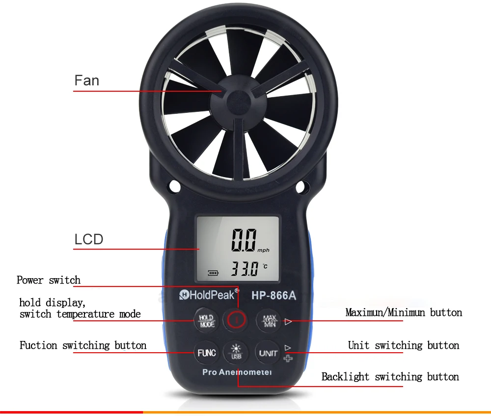 HoldPeak HP-866A портативный измеритель скорости ветра и объема воздуха, анемометр USB/ручной с регистратором данных и сумкой 866A