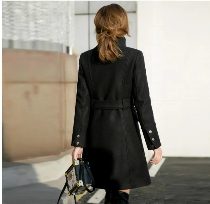 Женское Шерстяное теплое длинное пальто, женское приталенное шерстяное пальто с отворотом, осенняя зимняя верхняя одежда с поясом