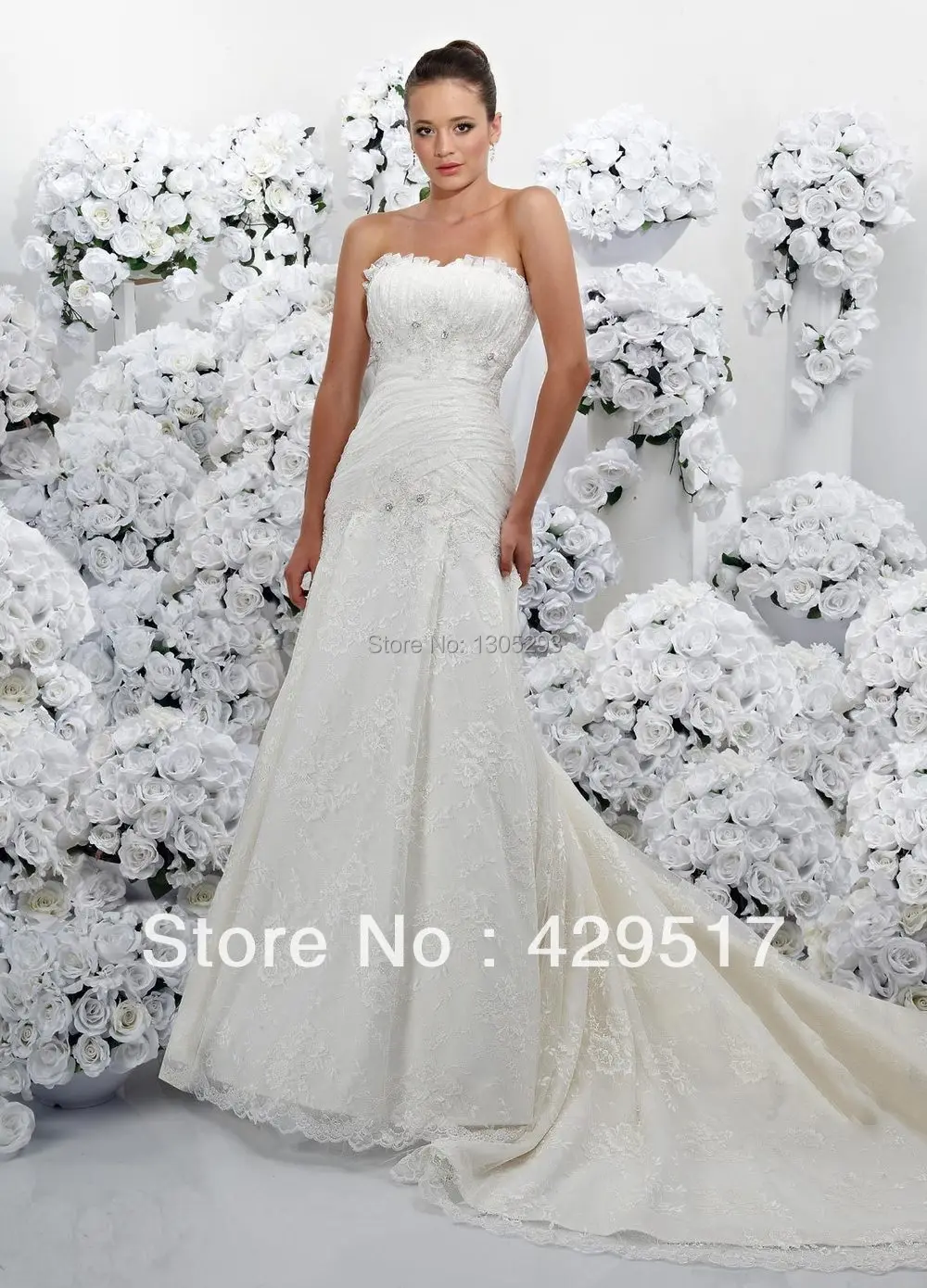 2015New Gorgeous White Strapless Sheath Royal long Beads Pleat sexy lace formal wedding Bridal gown | Свадьбы и торжества