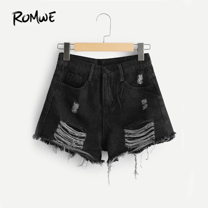 ROMWE Black Ripped Denim Shorts Women Mid Waist Twin Pockets Shorts