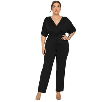 

Summer Half Sleeve Casual Women Jumpsuits V-Neck Bandage Loose Rompers Streetwear Female Black White Blue Jumpsuit Plus Size 3XL
