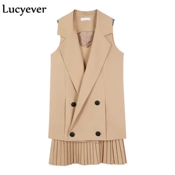 

Lucyever Korean women two piece sets spring summer long vest coats&pleated spaghetti strap mini dress elegant plus size outfits