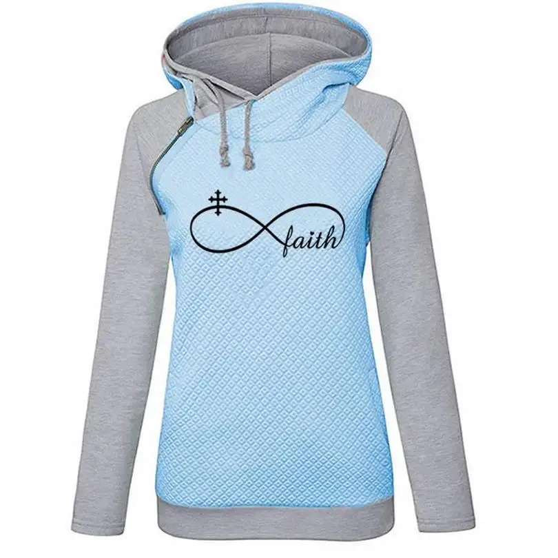 Zipper Decoration Faith Letters Print Hoodies For Women Tops Sweatshirt Femmes Sweatshirts Hoodies Women Pockets Loose Pattern