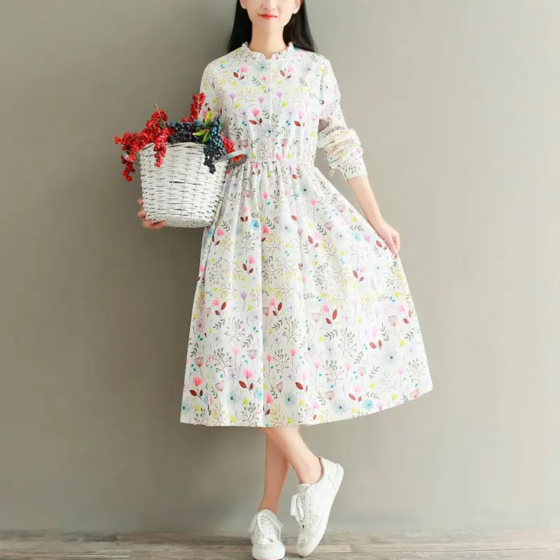 

Mferlier Winter Autumn Women Thick Dress Stand Collar Floral Print Casual Female Full Sleeve Corduroy Maxi Long Dresses
