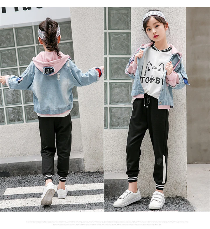Denim com Capuz Anos Grandes Meninas Denim Jaquetas 2020 Primavera Outono Moda Crianças Outwear Jeans Cabolsa Retalhos 12 3-14 5 Jaquetas e casacos