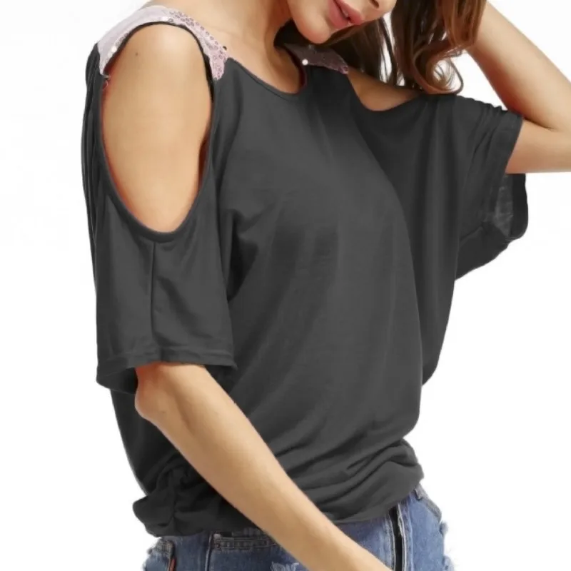 

Fashion Sequined Tshirt Summer Women Blusas Loose Casual T -Shirts Short Sleeve Solid Off Shoulder Top Shirts Plus Size 5XL