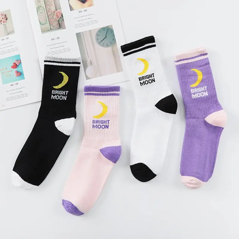 Women Girls Ulzzang Harajuku Cotton Long Crew Socks Rib Trim Double Stripes Moon Letters Printed Hip-Hop Hosiery Skaterboard Str
