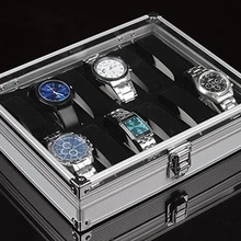 Caja de almacenamiento de reloj carcasa de aleación de aluminio útil 6/12 cuadrícula SlotsJewelry relojes caja de almacenamiento de exhibición de aleación de aluminio
