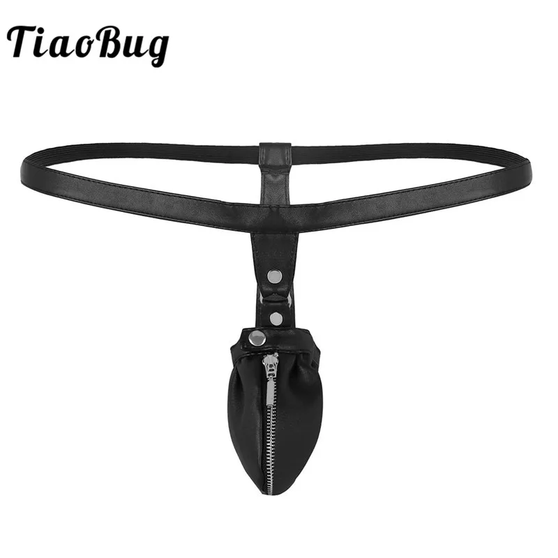 

TiaoBug Mens Lingerie Synthetic Leather Pouch with Zipper Low Waist Open Back G-string Underwear Sexy Men Thong Briefs Jockstrap