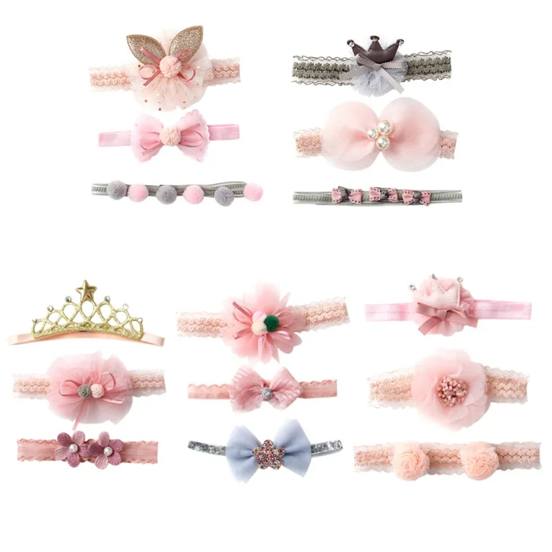 

NewNew Fashion Cute Baby Girls Lace Flower Headband 3Pcs Floral Headwear Apparel Wreath Photography Prop Party GiftA