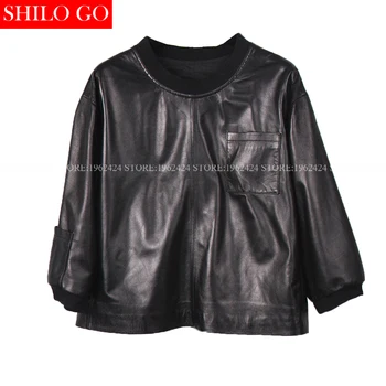 

Plus size fashion spring women high quality Sheepskin round neck bat sleeve square pocket short section Genuine Leather shirt