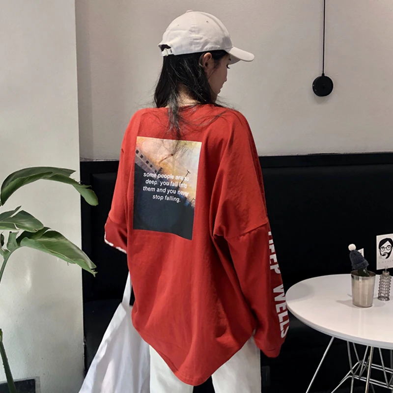 Letter Pattern [loose] Women's T-shirt Japanese Harajuku Style Long Long-sleeved Casual Large Size Spring 2019 Fashion Shirt
