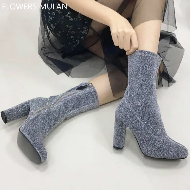 

2018 Famous Star Same Style Stretch Fabric Boots Women Round Toe Side Zip High Sqaure Heel Lady Ankle Boots Winter New Shoes
