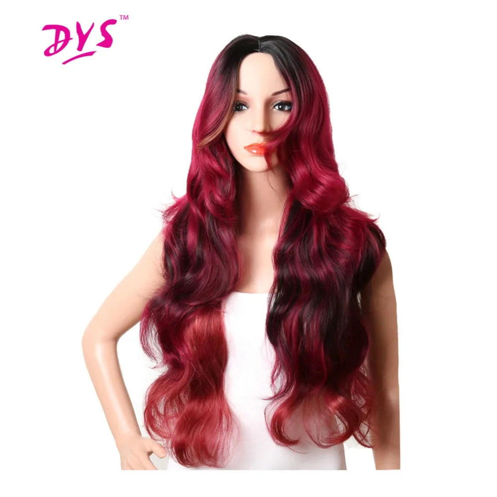 Deyngs Long Wavy Curly Wine RedBrown Ombre Wigs with Side Bangs Sexy Heat Resistant Synthetic Full Wigs for Black and African Women + Free Wig Cap