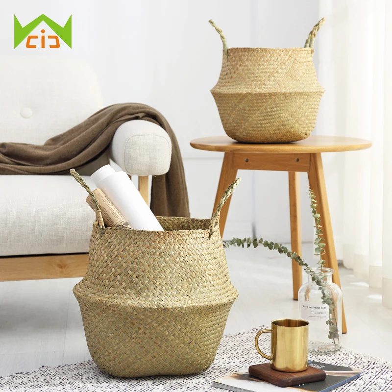 

WCIC Seagrass Rattan Wicker Storage Basket For Laundry Cloth Woven Storage Flower Container Home Garden Handle Fruit Flowerpot