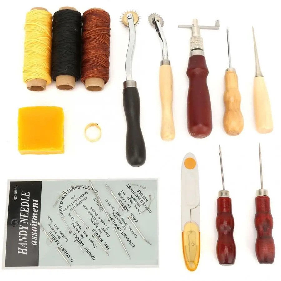 14pcs DIY Leather Handwork Punch Leather Wheel Tool and Awl Wax Thread Leather Tool Kit