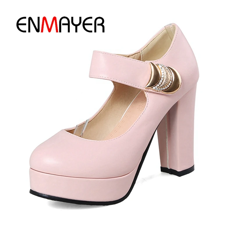 ENMAYER 2018 New High-heeled Shoes Woman Pumps Causal Shoes Fashion Sweet Women Shoes Pink White Blue High Heels Hook CR168