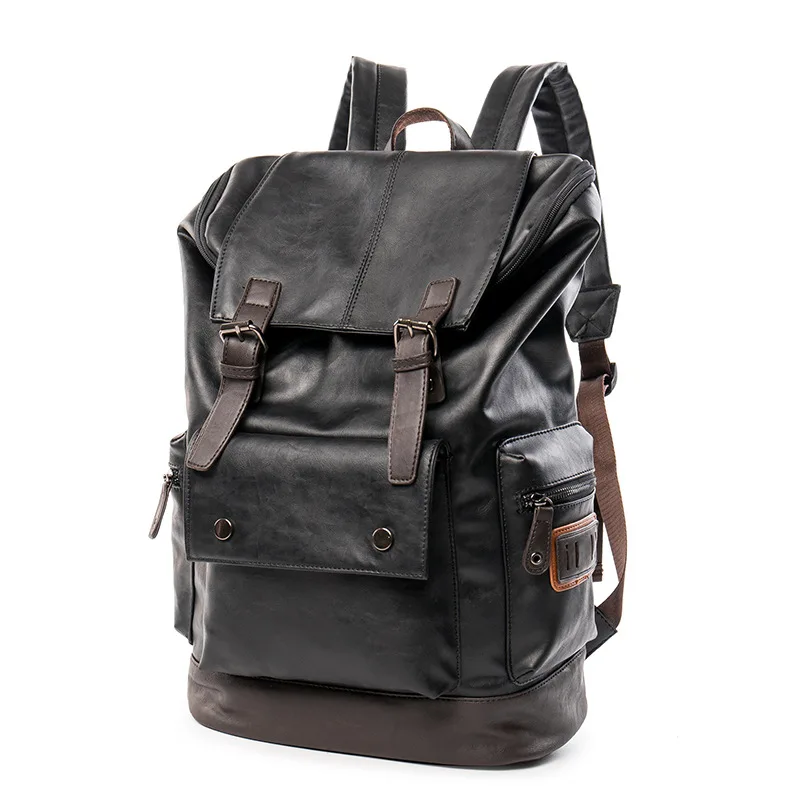 solid soft pu leather backpack men Multi-pocket Large capacity black back pack male laptop bagpack mochila 2019 new