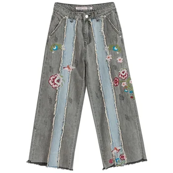 

Spring Fall Women Patchwork Embroidery Tassel Stratched Wide Leg Grey Dneim Trousers , High Waisted Female Woman Jeans Pants
