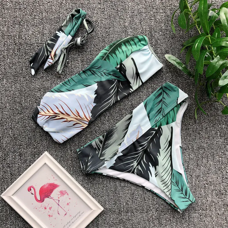 

High Waist Leaf Printed Bandeau Bikini Swimsuit Set For Women