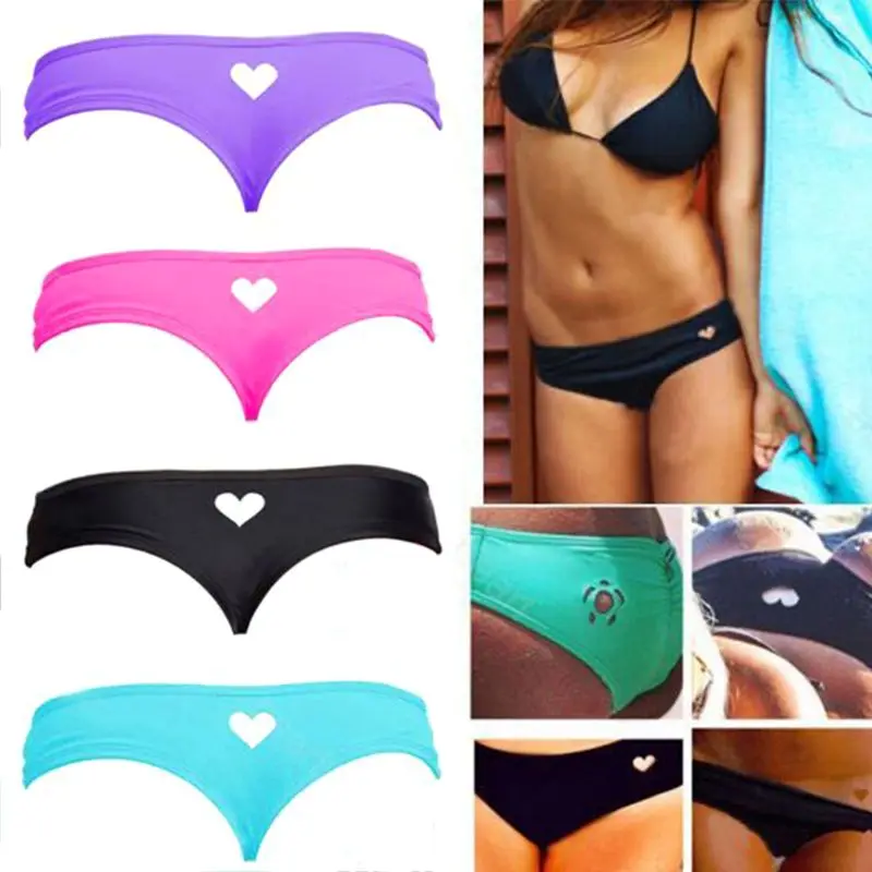 

Womens Summer Low Waist Bikini Bottoms Thong Sweet Solid Candy Color Swimsuit Briefs Hollow Out Love Heart Shape Swim Nylon Unde