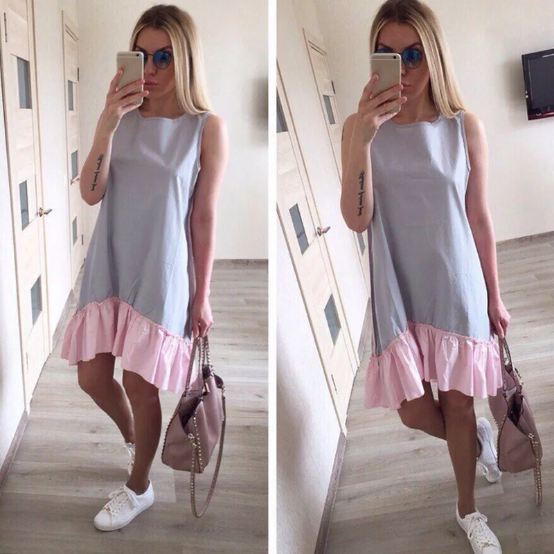 

Women Casual Loose Summer Dress Patchwork Sleeveless Ruffles O-Neck Mini Dresses SSA-19ING