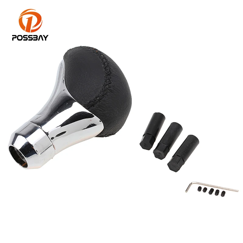 POSSBAY Chrome Black Leather Gear Shift Knob Interior Accessories Anti Theft Car Gear Stick